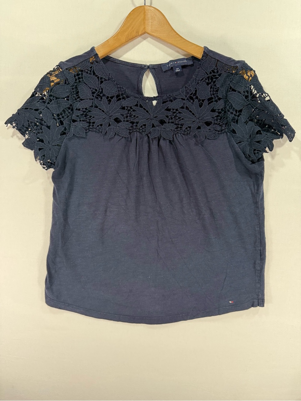 Tommy Hilfiger Lace Sleeve Top in Blue Size Small